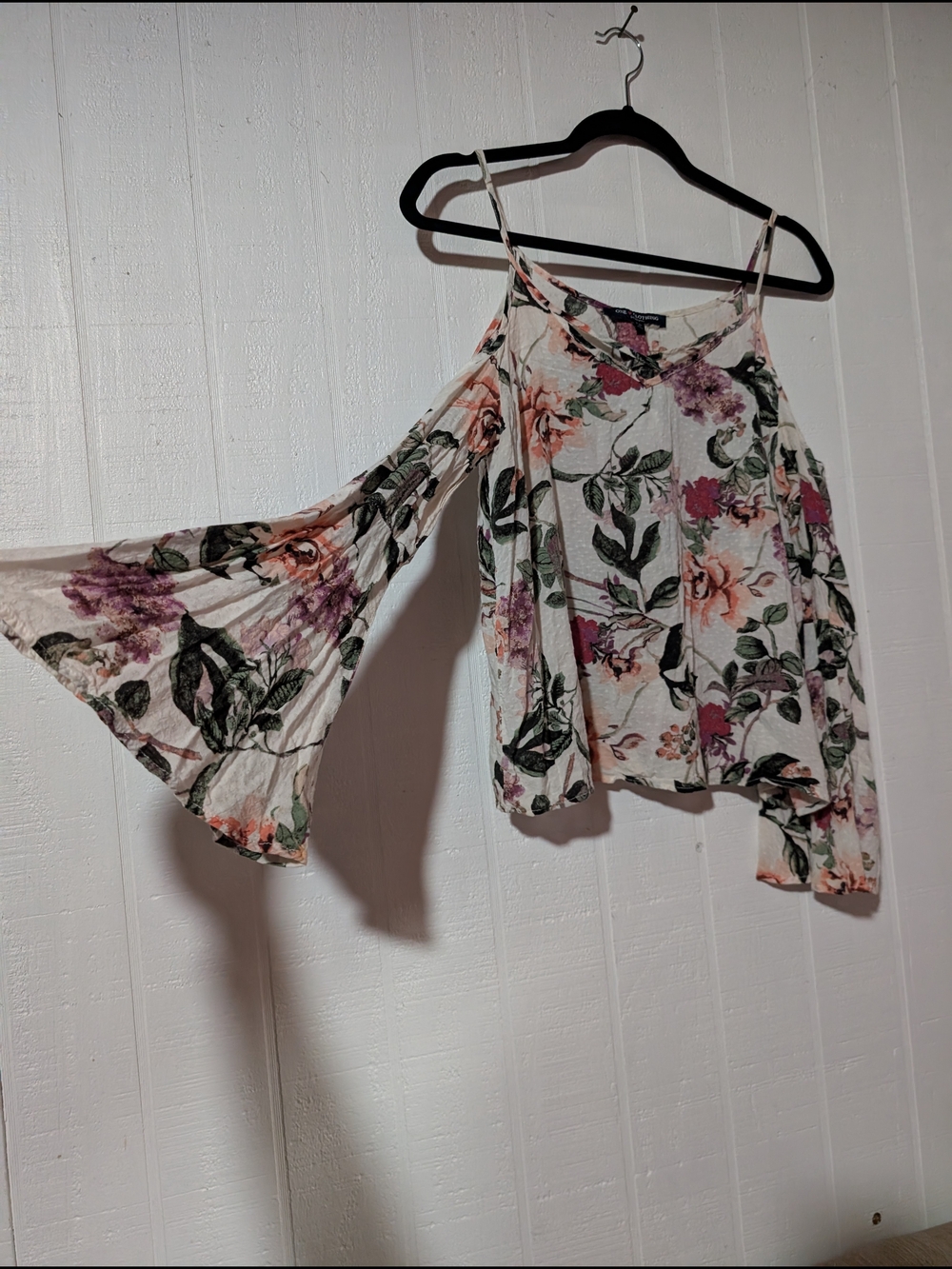 Floral Cold-Shoulder Bell Sleeve Crop Top - Pink & Green Floral